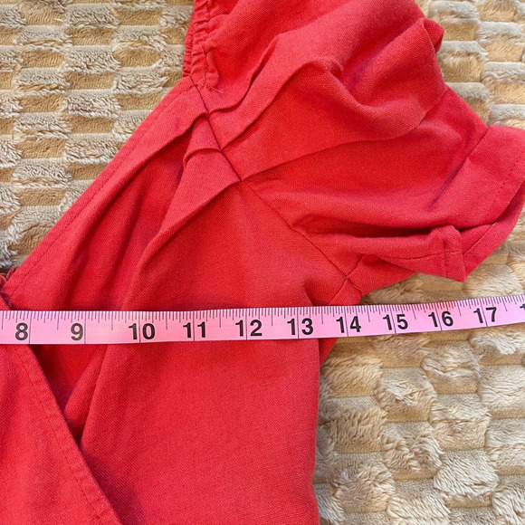 Womens Linen Blend Romper Size S Red Puff Sleeve Romantic Beachy Event Travel - Picture 8 of 11